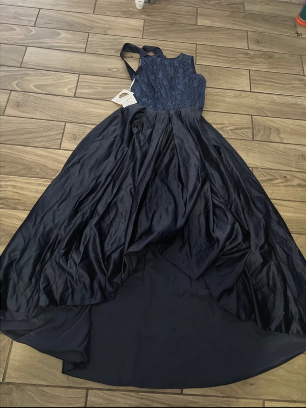 Navy Lace Bodice High-Low Formal Dress